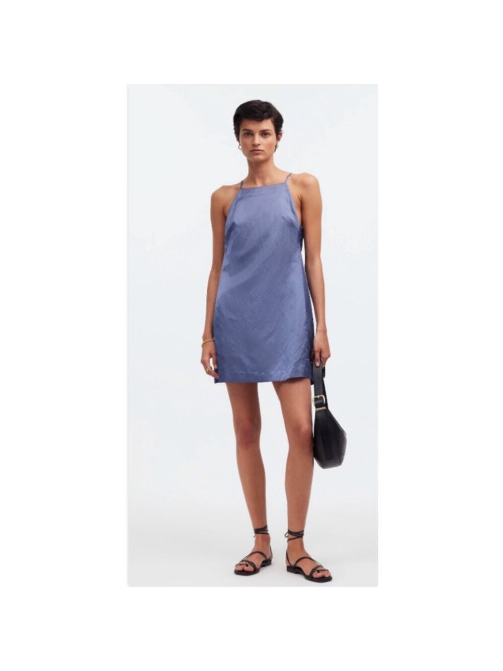 Madewell High Neck Mini‎ Dress Womens 6 Blue Linen Blend NWT